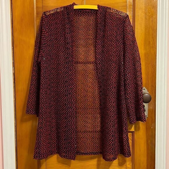 Black Red Sheer Sequin Knit Open Front Cardigan Women’s Medium - Picture 1 of 3